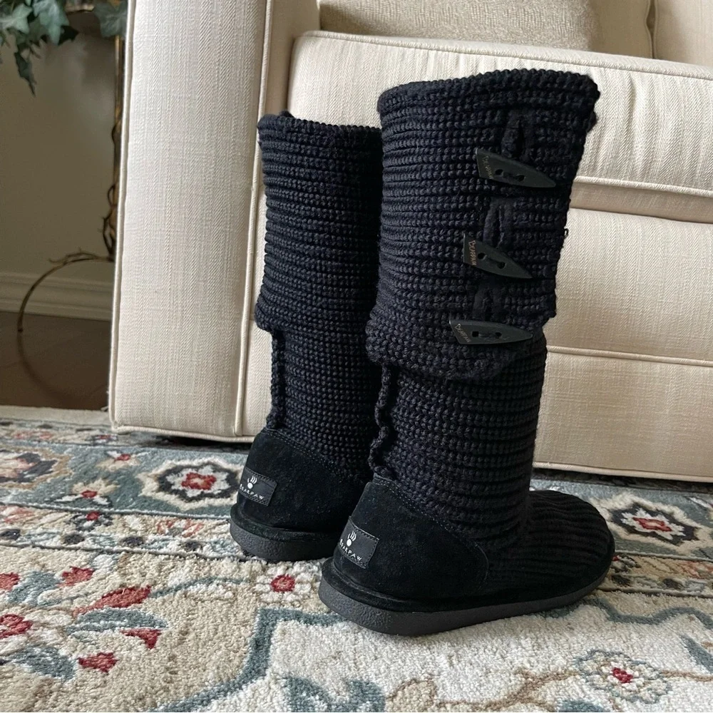 BearPaw Tall Black Knit Sweater Boots